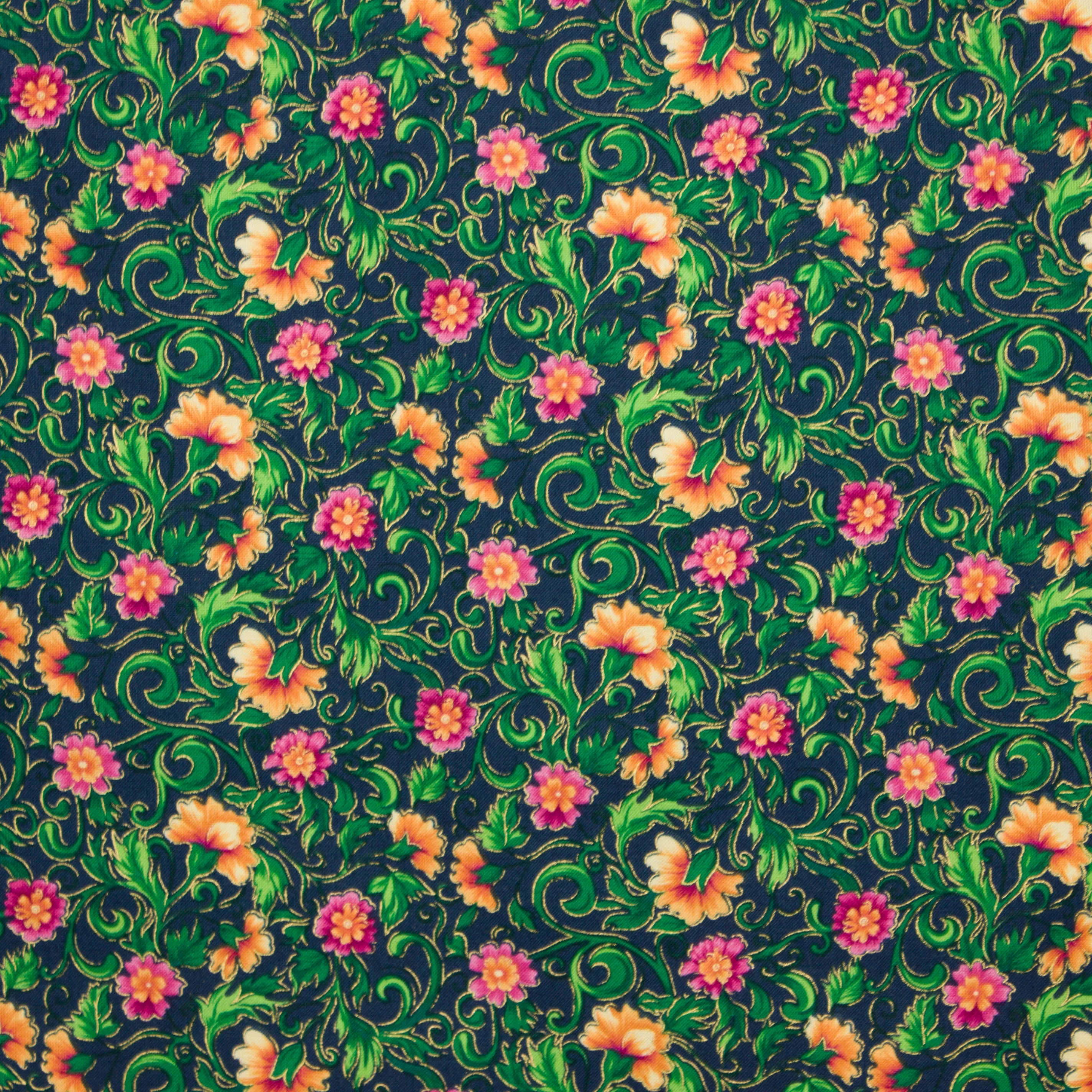 Katoen blauw met roze en oranje bloemen